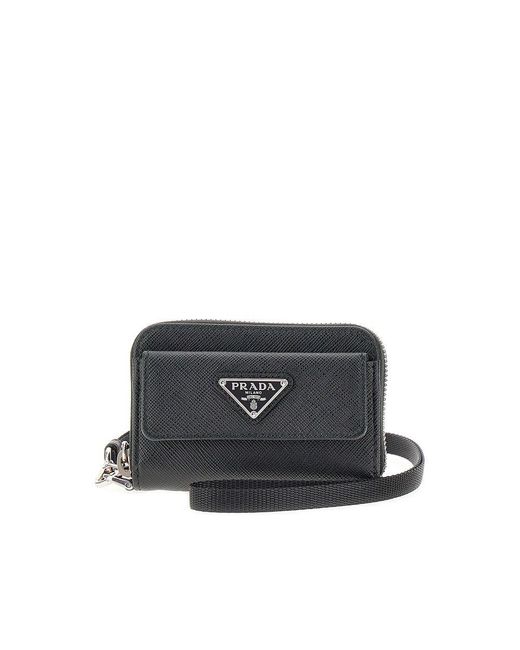 Prada Black Saffiano Leather Cardholder Pouch With Strap for men