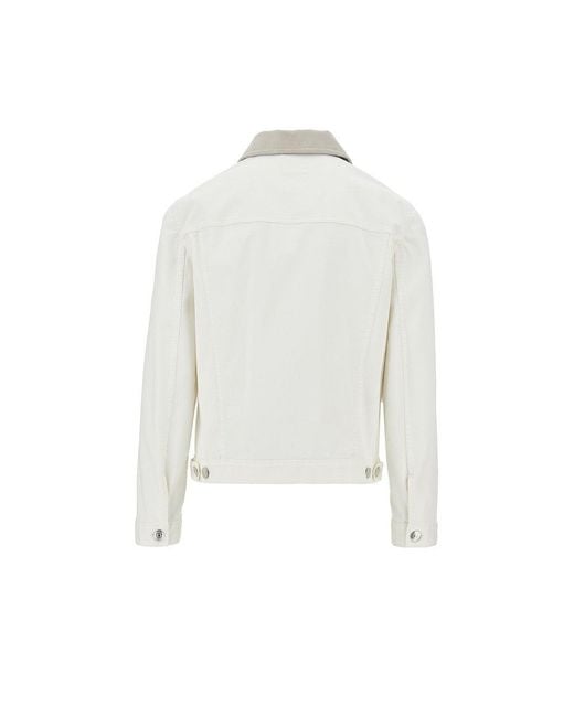 Brunello Cucinelli White Denim Jacket With Leather Collar for men
