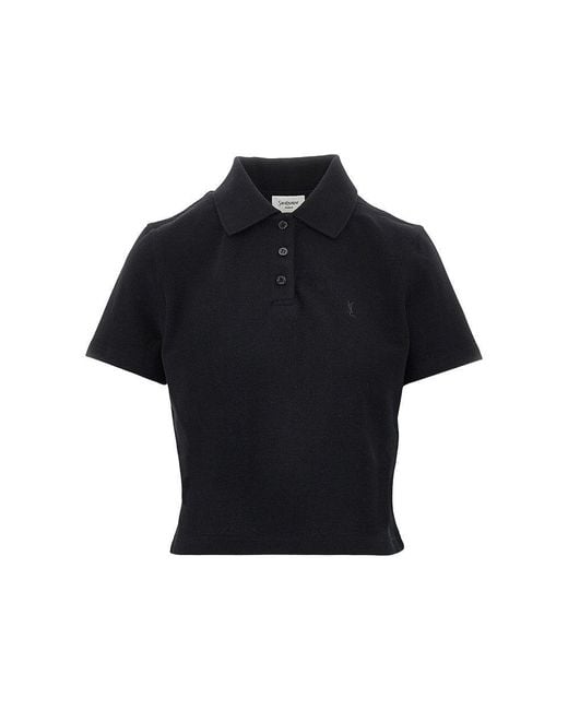 Saint Laurent Black Cassandre Embroidery Cropped Polo Shirt