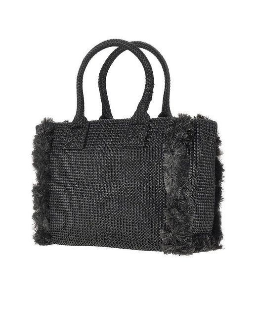 Pinko Black Faux Raffia Shopping Bag With Logo