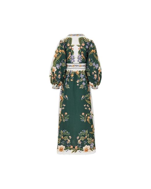 Farm Rio Green Cotton Long Dress With 'Nature' Motif