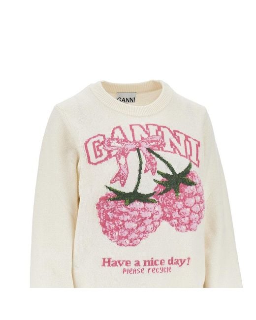 Ganni Pink 'Raspberries' Wool-Blend Sweater