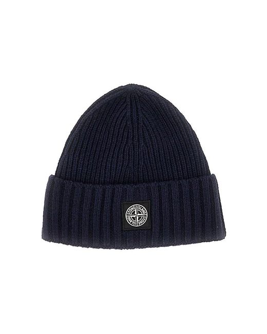 Stone Island Blue Knitted Beanie Hat With Logo Patch Kids