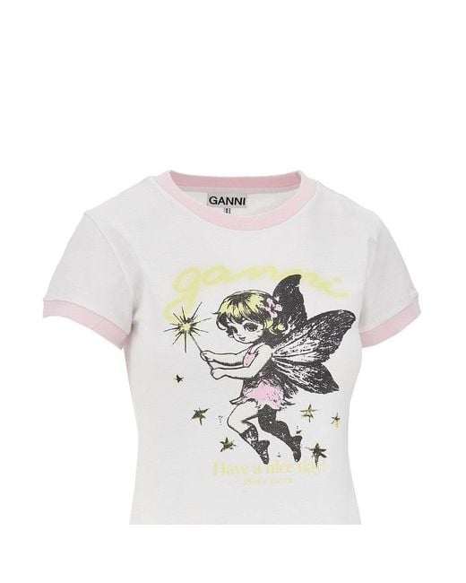 Ganni White Cotton T-Shirt With Print