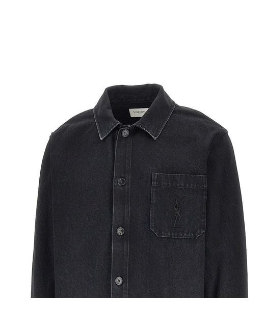 Saint Laurent Black Denim Overshirt With Cassandre Embroidery for men