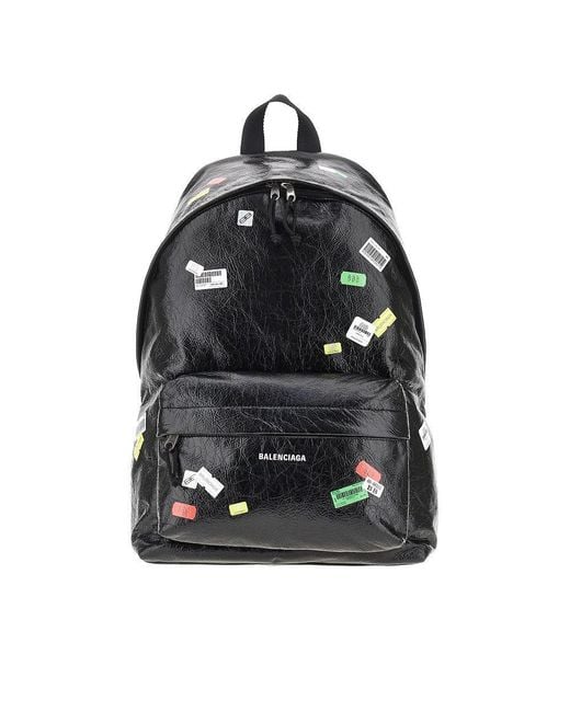Balenciaga Black Sticker Print Arena Leather Explorer Backpack for men