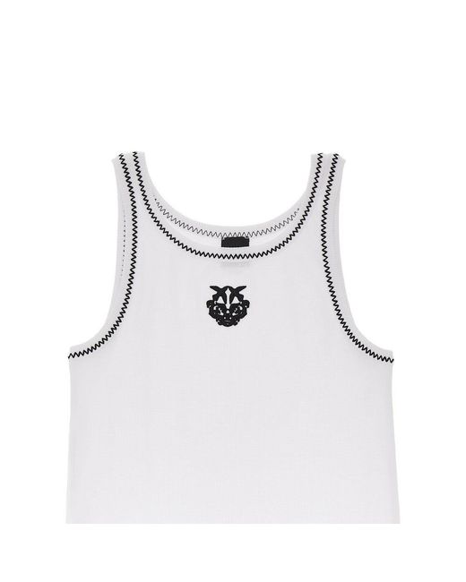 Pinko White Love Birds Embroidery Ribbed Tank Top