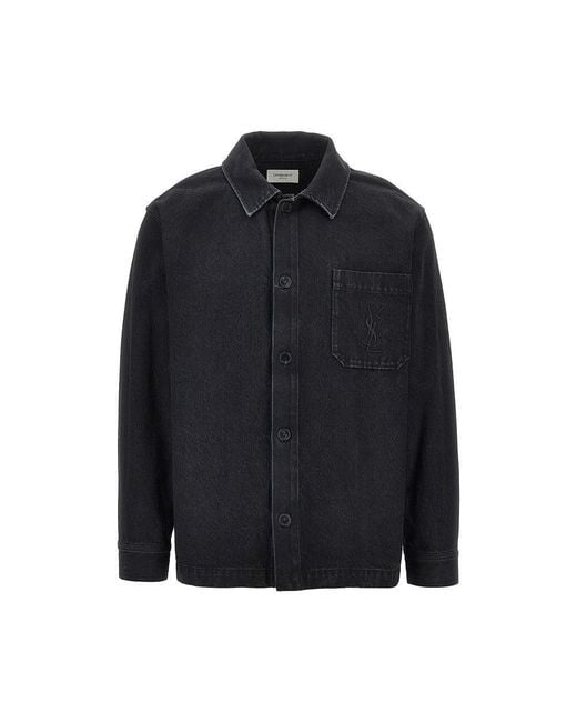Saint Laurent Black Denim Overshirt With Cassandre Embroidery for men