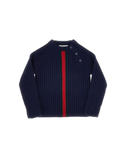 Gucci Blue Wool Sweater With Web Ribbon Kids