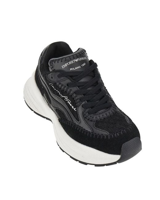 Emporio Armani Blue Knitted Sneakers With Faux Leather Details