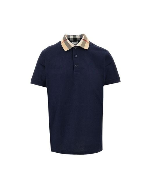 Burberry Blue Piquet Polo Shirt With Check Collar for men