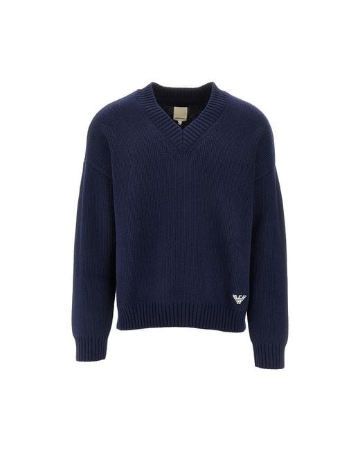 Emporio Armani Blue Cotton-Blend V-Neck Sweater for men