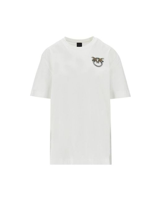 Pinko White Jewelled Logo Embroidery T-Shirt