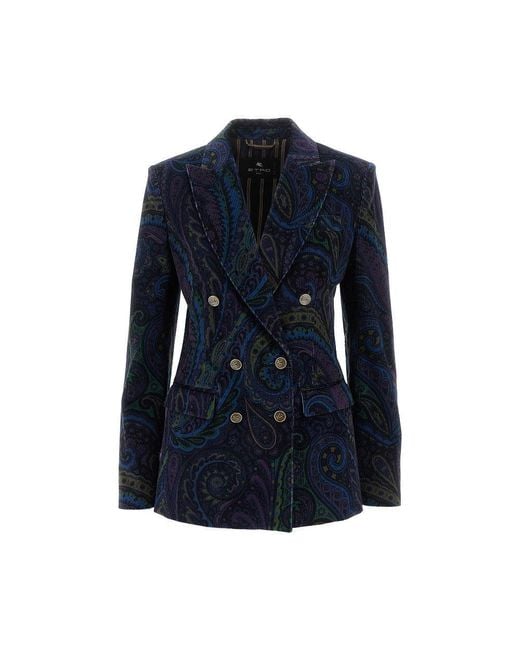 Etro Blue Paisley Print Corduroy Double-Breasted Jacket