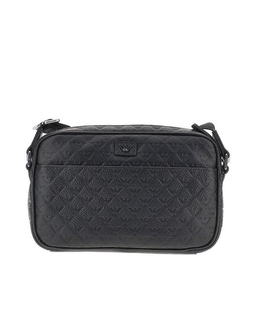 Emporio Armani Black Eagle Motif Embossed Leather Crossbody Bag for men