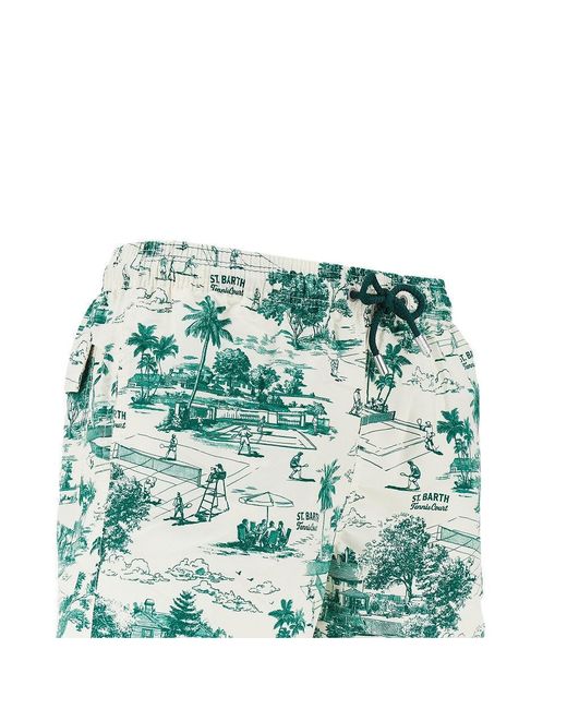Mc2 Saint Barth Green 'Tennis Toile' Print Swim Shorts for men