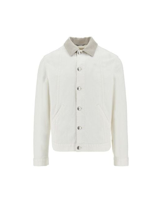 Brunello Cucinelli White Denim Jacket With Leather Collar for men