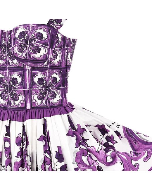 Dolce & Gabbana Purple Majolica Print Poplin Midi Dress