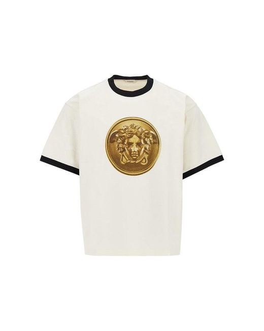 Versace White Cotton T-Shirt With Medusa Coin Print for men
