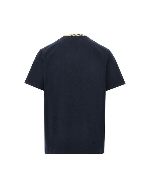 Burberry Blue Cotton T-Shirt With Check Crewneck for men