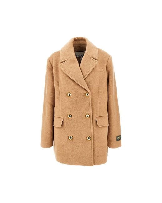 Ganni Natural Wool-Blend Oversized Double-Breasted Peacoat
