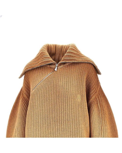 The Attico Brown Wool And Cashmere Sweater With Slanted Zip