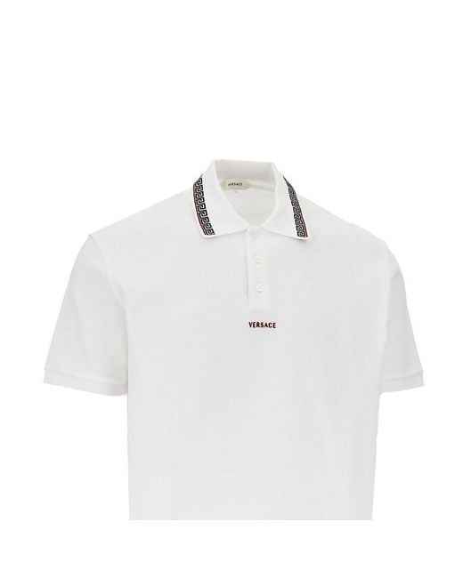 Versace White Cotton Polo Shirt With Greca Motif for men
