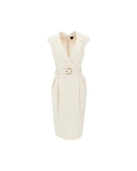 Pinko Natural Panama Fabric Midi Dress With Belt