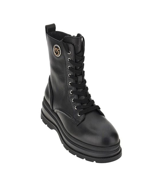 Pinko Black Leather Ankle Boots With Love Birds Detail