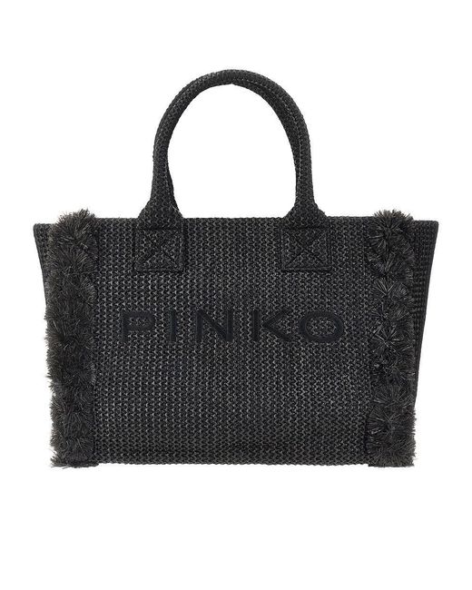 Pinko Black Faux Raffia Shopping Bag With Logo