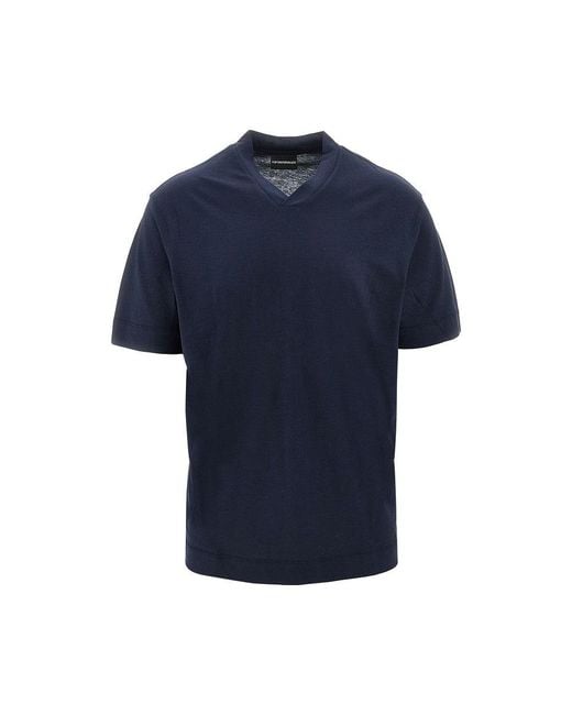 Emporio Armani Blue Cotton And Silk-Blend Short-Sleeved T-Shirt for men