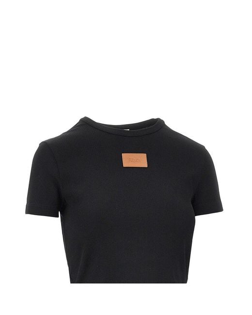 Fendi Black Cropped T-Shirt With Leather Logo Patch
