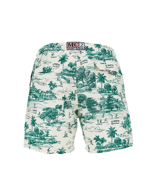 Mc2 Saint Barth Green 'Tennis Toile' Print Swim Shorts for men