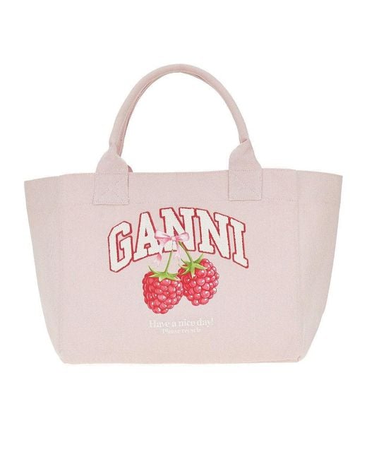 Ganni Pink Shopping Bag With Raspberries Print