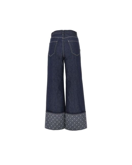 Tory Burch Blue Jacquard Monogram Cuff Jeans
