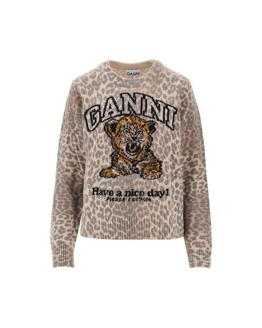Ganni Gray Wool-Blend Sweater With Leopard Motif