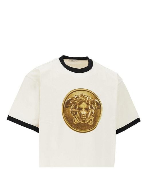 Versace White Cotton T-Shirt With Medusa Coin Print for men