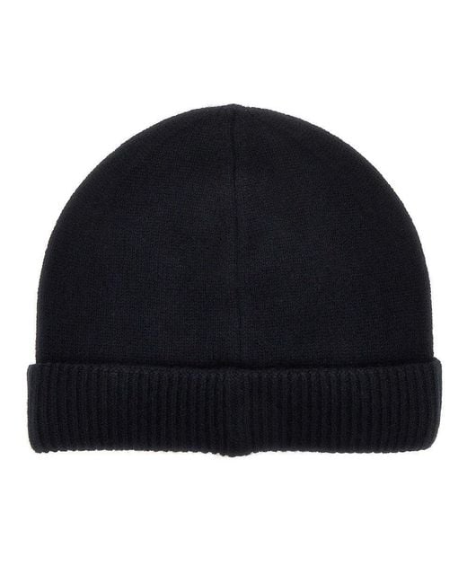 Emporio Armani Black Cashmere Beanie Hat With Leather Logo Patch for men