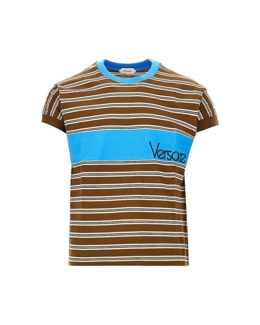 Versace Blue Cotton T-Shirt With Logo Embroidery for men