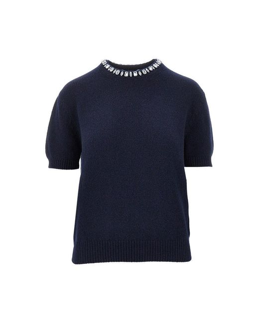 Prada Blue Knitted Top With Crystals