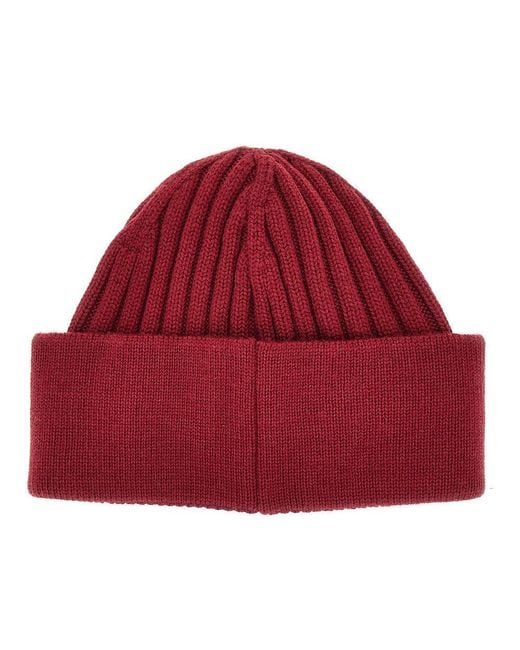 Emporio Armani Red Knitted Beanie Hat With Logo Embroidery