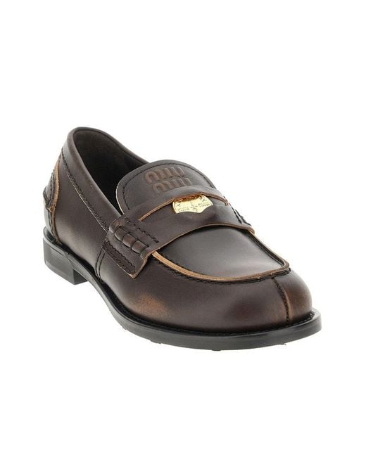 Miu Miu Gray Vintage Effect Leather Penny Loafers