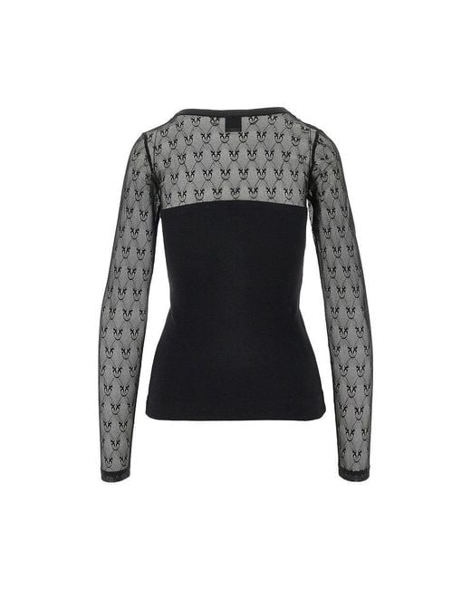 Pinko Black Ribbed Jersey And Love Birds Lace Top