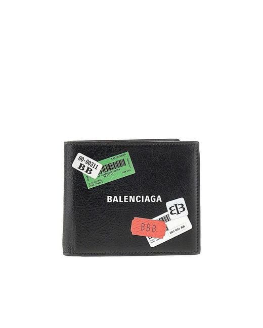 Balenciaga Black Stickers Print Arena Leather Bi-Fold Wallet for men