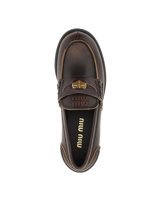 Miu Miu Gray Vintage Effect Leather Penny Loafers