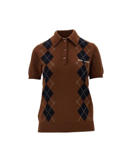 Miu Miu Brown Cashmere Knit Polo Shirt With Argyle Motif