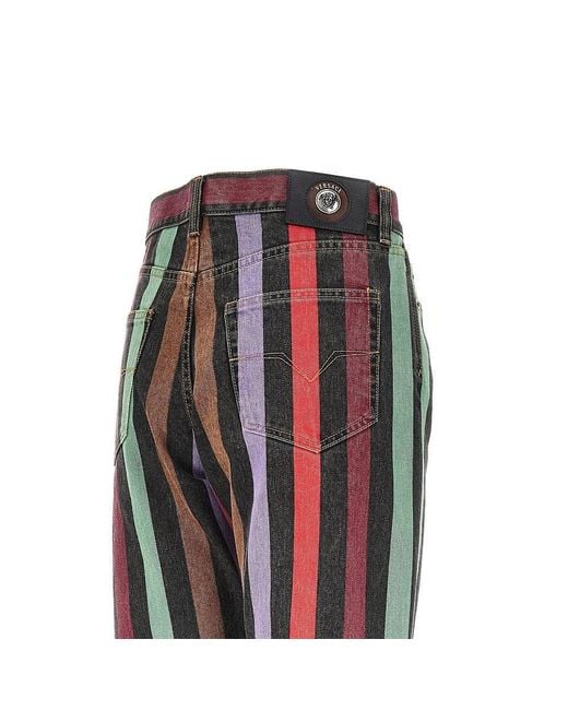 Versace Red Cotton Denim Jeans With Striped Motif