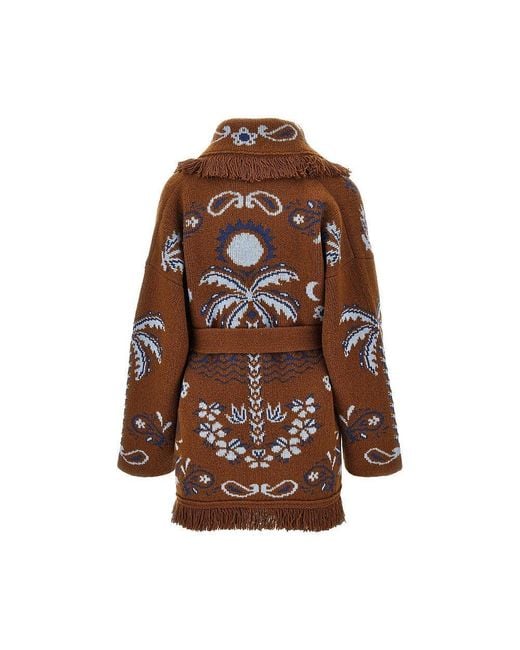 Alanui Brown Island Roots Jacquard Wool Cardigan