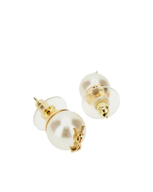 Saint Laurent Metallic Asymmetrical Pearls Earrings With Logo