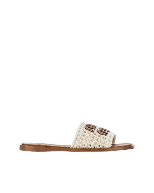 Miu Miu Natural Crochet Cotton Slides With Logo